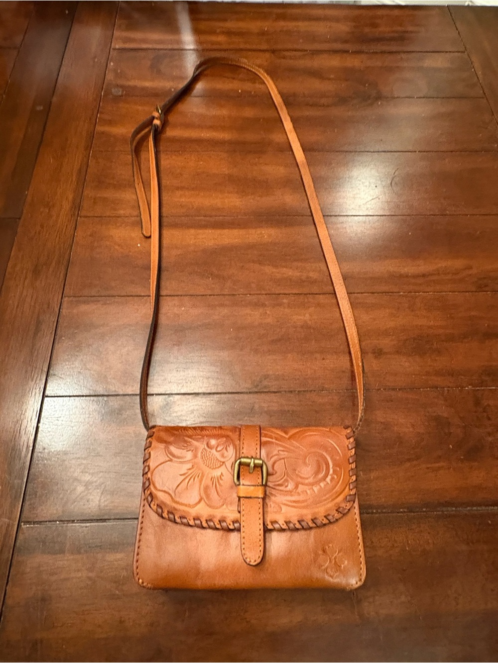 Leather-Like Crossbody Bag with Floral Tooling - Tan